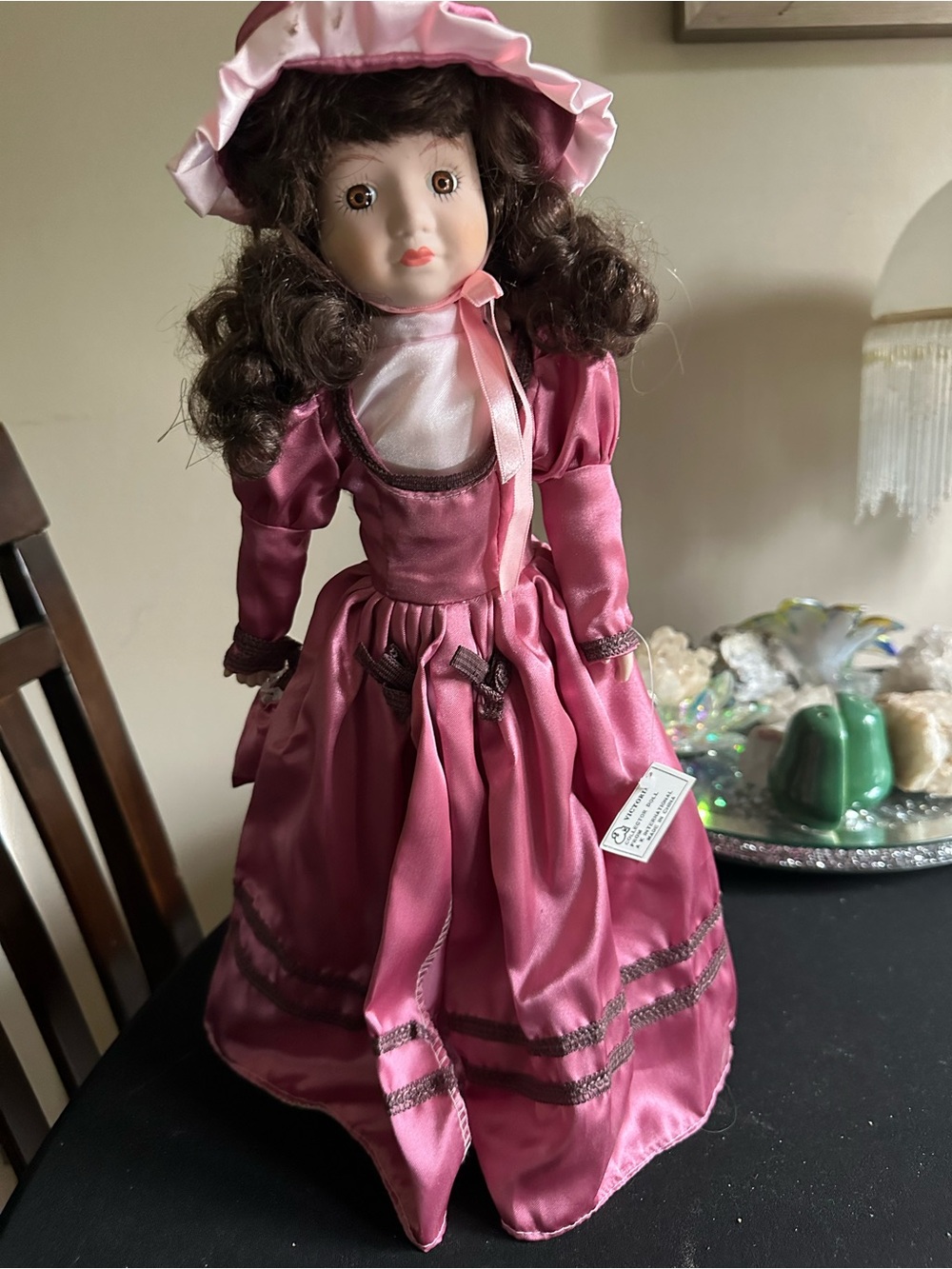 Pink Porcelain Doll in Satin Victorian-Style Dress